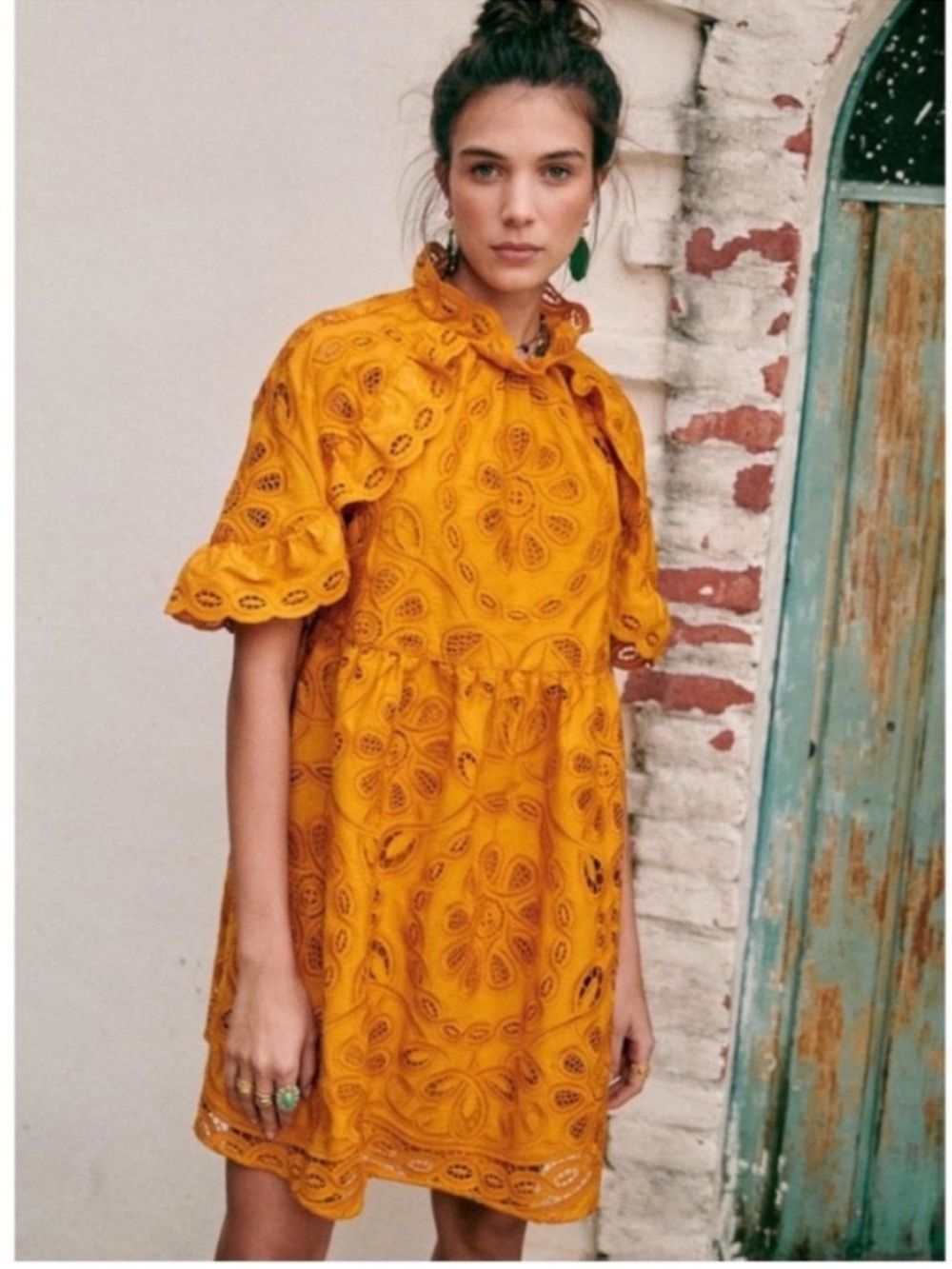 SEZANE Saffron Yellow Floral Embroidered Eyelet Ruffle Nicole Mini Dress